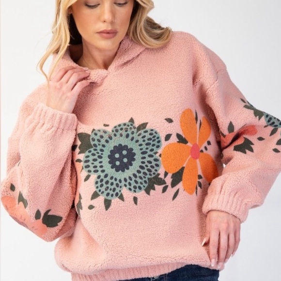349. 🛑AT COST EASEL LAST 2! Pink Pullover Hoodie Printed Flower Fleece Sherpa - Picture 2 of 5